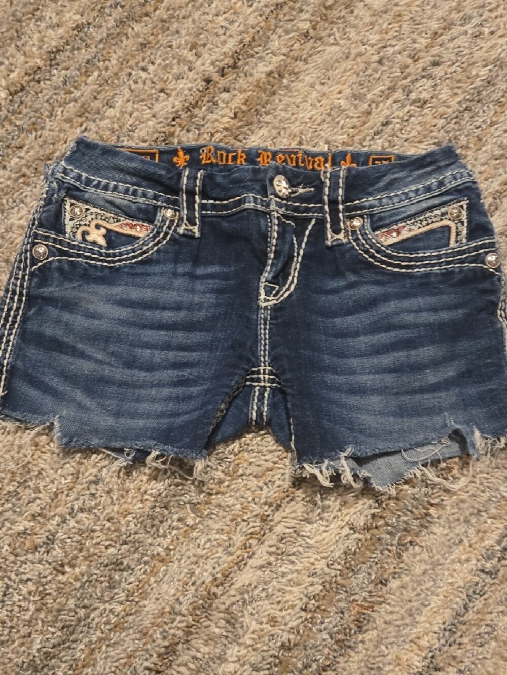 Rock Revival Women's Blue Skinny Jeans with Cream & Red Embroidery - Picture 6 of 9
